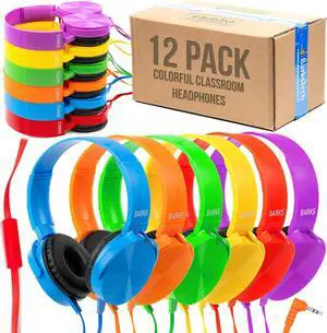 Barks Classroom Headphones with Microphone (12 Pack, Mixed Colors) - Upgraded On-Ear Bulk Headphones for Classroom: Best for Students K-12 Schools (Inline Microphone, Good Recording Quality, Durable)