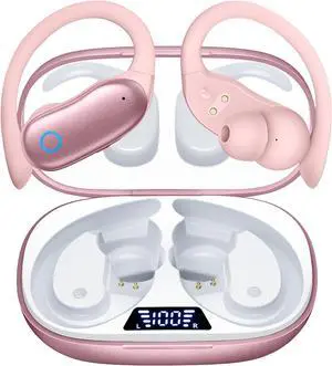 GNMN Ear Buds Wireless Earbuds 96hrs Playback Bluetooth Headphones IPX7 Waterproof Stereo Bass Over-Ear Earphones with Earhooks Microphone LED Battery Display for Sports/Workout/Gym/Running Rose Pink