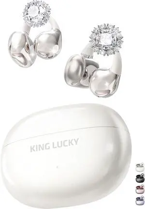 King Lucky Clip-on Earbuds Jewelry Wireless Bluetooth 5.4 Comfortable Open Ear Headphones with Detachable Aurora Earrings,IPX5 Waterproof, 50H Play, for Women, Gift,Parties,Festival (White)