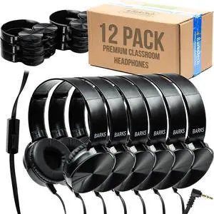 Barks Classroom Headphones with Microphone (12 Pack, Black) - Upgraded On-Ear Bulk Headphones for Classroom: Best for Students K-12 Schools (Inline Microphone, Good Recording Quality, Durable)
