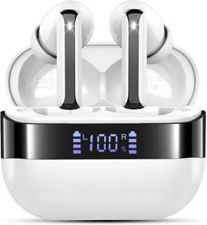 Wireless Earbuds, 2025 Bluetooth 5.4 Headphones Bass Stereo, Ear Buds with 4 Mics ENC Noise Cancelling, Bluetooth Earbuds 48H Playtime LED Display Charging Case, IP7 Waterproof in Ear Earphones, White