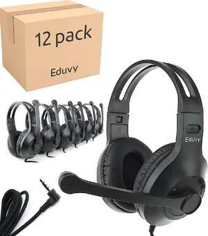 Bulk Headphones for Classroom with Microphone, Heavy-Duty School Pack Wired Headphones for Students with Rotating Boom Mic. Teacher Must Haves from Elementary to College (12 Pack Black)