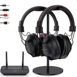 ROSIDA Dual Wireless Headphones for TV Watching with Transmitter, Headset Stand, TV Headphones for Seniors, 295FT Range with Optical, AUX, RCA,USB, High Volume Control, Long Playtime, No Delay, Black