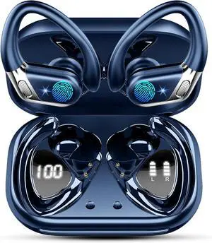 Wireless Earbuds, Bluetooth 5.4 Headphones Sport, 50H Deep Bass Sound Over Ear buds with 4 ENC Noise Cancelling Mic, Dual LED Display, IP7 Waterproof Earphones with Earhook for Workout, Navy Blue