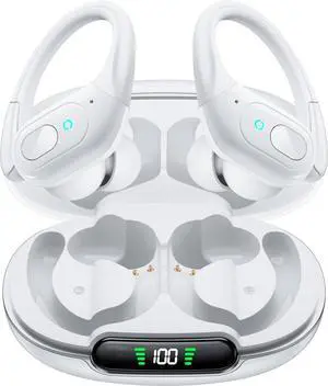 occiam Wireless Earbuds Bluetooth Headphones 90H Playback Sport Ear Buds with Earhook LED Display Charging Case in Ear Sweatproof Running Earphones for Workout iOS Android Cellphone,White