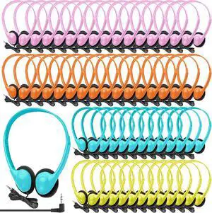 Frienda 48 Pack Classroom Headphones on Ear Wired Stereo Headset with 3.5mm Jack, Over The Head Student Earphone Set for Kids Adults School Computer, No Microphone(Sky Blue, Orange, Pink, Yellow)