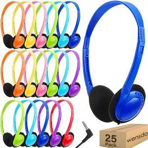Bulk Headphones 25 Pack for Classroom School Kids, Wholesale Wired Adjustable Earphones Class Set for Children Toddler Teens Boys Girls and Adult 3.5mm Jack Multi Color (HY103,25 Mixed)
