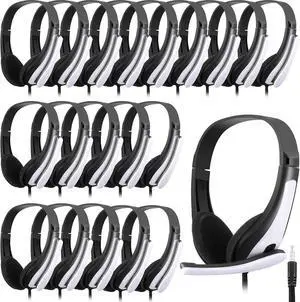 Yunsailing 20 Pack Classroom Headphones with Microphone - 3.5mm Jack Plug Students On-Ear Wired Headsets Earphones Bulk for School Office Computer, Laptop & Phone(White)