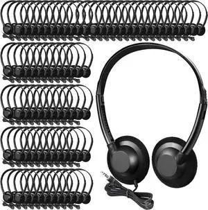 Flutesan 60 Pieces Classroom School Headphones Bulk on Ear Headphone with 3.5mm Headphone Plug in Adjustable Disposable for Kids Adults Student Noise Stereo Sound Library No Microphone