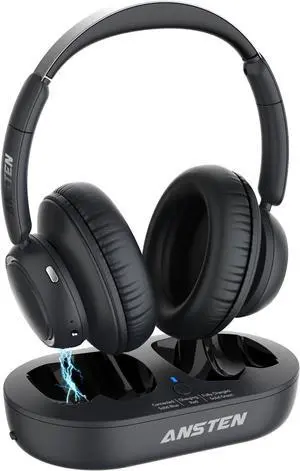 ANSTEN Wireless Headphones for TV with Universally Compatible Transmitter Charging Base, TV Headphones Wireless for Seniors, Bluetooth Headphones for TV, No Delay, 35 Hrs Audio Playtime, Plug n Play