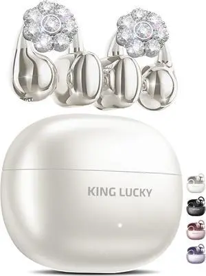 King Lucky Clip-on Earbuds Jewelry Wireless Bluetooth 5.4 Comfortable Open Ear Headphones with Detachable Flower Earrings,IPX5 Waterproof, 50H Play, for Women, Gift,Parties,Festival (White)