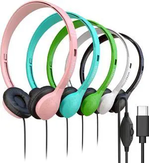 30 Pack Bulk Wired Headphones, Leather, USB-C, On-Ear, Volume Control, Compatible with Phone, Tablet, Laptop, PC for School, Class, Meeting, Conference, Test, Mix