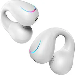 Open Ear Bone Conduction Headphones Bluetooth 5.3 Wireless Open Clip Ear Earbuds Built-in Mic with Ear Hooks 60 Hours Playtime Sport Earphones IPX7 Waterproof for Fitness Running White