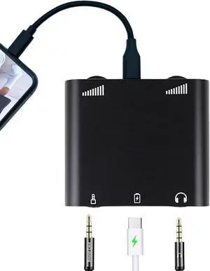 Lightning & Type-C Live Streaming Microphone Adapter with Charging Port - Mic Adapter for Podcast/Twitch/YouTube/TikTok Live Stream, 3.5mm Audio Jack & Real-Time Monitoring (iOS/Android/PC) (black)
