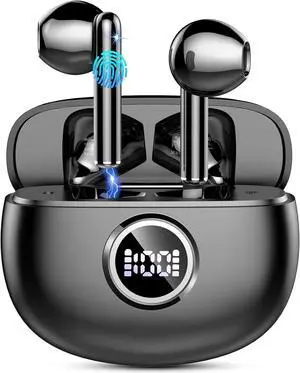 Wireless Earbuds, 2024 Bluetooth 5.3 Headphones HiFi Stereo Ear buds with ENC Noise Cancelling Mics, 40H Bluetooth Earbuds with Dual LED Display, IP7 Waterproof in Ear Earphones for Android iOS, Black