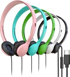 20 Pack Bulk Wired Headphones, Leather, USB-C, On-Ear, Mic, Compatible with Phone, Tablet, Laptop, PC for School, Class, Meeting, Conference, Test, Mix