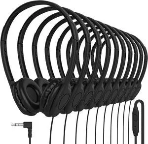 Maeline Black Wired Headphones with Microphone, Bulk 20 Pack On-Ear Headsets with 3.5mm Jack  Leatherette Cushions, Adjustable, Stackable, Ideal for Classrooms, Offices, Remote Work, Testing