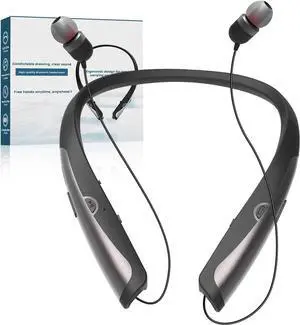Bluetooth 5.0 Neckband Bluetooth Headphone, Sweat Resistant Noise Cancelling Stereo Headphones, and Retractable Ear Tips for Music, Conference, VideosPure Black