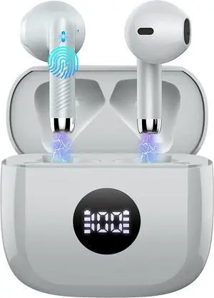 Jxrev Wireless Earbuds, Bluetooth 5.4 Earbuds Stereo Bass, Bluetooth Headphones in Ear Noise Cancelling Mic, Sports Earphones IP7 Waterproof USB C, 40H Playtime Mini Charging Case Ear Buds Gray