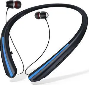 Bluetooth Headphones Wireless Neckband Bluetooth Earphones Auto Retractable Earbuds with 24H Playtime,Sports Waterproof Earphone,Noise Cancelling with Mic for Running Workout,Blue-Black