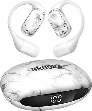 Groovz Open-Ear True Wireless Headphones with Smart Battery Display - Designed and Engineered in The USA - IPX5-Rated Bluetooth Open Ear Earbuds Compatible with Apple & Android - White Marble