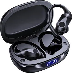 Wireless Earbuds, 90H Playtime Bluetooth Headphones, Over Ear Buds with LED Display, Stereo Bass Earphones, Wireless Charging Case, IPX7 Waterproof Sport Headset for Workout, Black