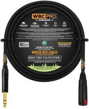 12 Foot - WBC-PRO-Quad Ultra-Silent, Ultra-Flexible, Balanced Star-Quad Headphone Extension Cable with ¼ (6.35mm) Neutrik Male TRS Plug to Locking Female TRS Jack & Black Tweed Jacket