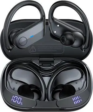 Wireless Earbuds Bluetooth Headphones 75Hrs Playtime Sport Earbuds Noise Cancellation HiFi Stereo Sound with LED Dispaly, IPX7 Waterproof Bluetooth Ear buds with Earhooks for Running Gym Classic Black