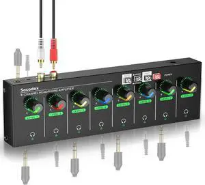 8-Channel Headphone Amplifier 3.5mm/6.35mm/RCA Jacks, Metal Compact Headphone Mixer with 16 Headphone Output Port, Stereo Switch, Mute Function, RGB Light, 9x2.76x1.1 inch