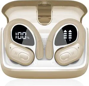 Wireless Earbuds 75hrs Bluetooth 5.4 Headphone Sport, 2025 Bluetooth Earbuds Stereo Deep Bass Over Ear Bud with Earhooks, ENC Noise Cancelling Mic, IPX7 Waterproof Earphone, Khaki