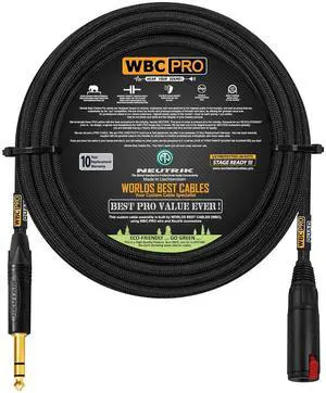 35 Foot - WBC-PRO-Quad Ultra-Silent, Ultra-Flexible, Balanced Star-Quad Headphone Extension Cable with ¼ (6.35mm) Neutrik Male TRS Plug to Locking Female TRS Jack & Black Tweed Jacket