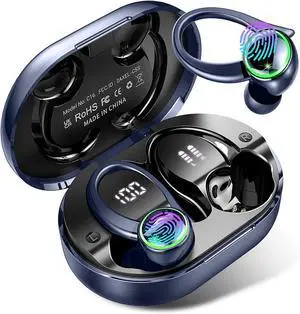 Wireless Earbuds, Bluetooth 5.3 Headphones with Noise Cancelling Mic, Bass Stereo Bluetooth Earphones 50Hrs with LED Display, IP7 Waterproof Earbuds with Earhooks, Over Ear Buds for Sports, Deep Blue