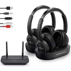 ROSIDA Dual Wireless Headphones for TV Watching, TV Headphones Wireless for Seniors, Blutooth Headset with Transmitter and Charging Base, Support Optical,AUX,RCA and USB Output, No Audio Delay (Black)