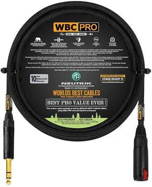 3 Foot - WBC-PRO-Quad Ultra-Silent, Ultra-Flexible, Balanced Star-Quad Headphone Extension Cable with ¼ (6.35mm) Neutrik Male TRS Plug to Locking Female TRS Jack & Black Tweed Jacket