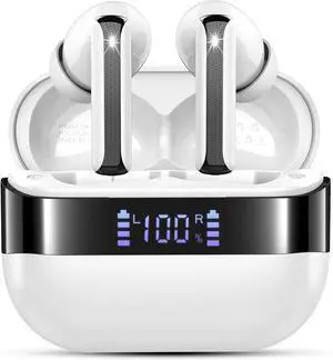 Wireless Earbuds, 2025 Bluetooth 5.4 Headphones Bass Stereo, Ear Buds with 4 Mics ENC Noise Cancelling, Bluetooth Earbuds 48H Playtime LED Display Charging Case, IP7 Waterproof in Ear Earphones white