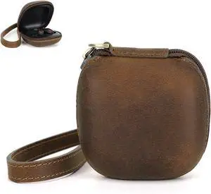 Genuine Leather Case for Beats Fit Pro, Retro Crazy Horse Cowhide Leather Travel Protective Cover with Anti-Lost Wrist Strap, Durable Shockproof Earphone Case Compatible with Beats Fit Pro Coffee