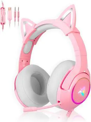 Aimzone Cat Ear Gaming Headset with Noise Cancelling Over Ear Headphones with Microphone, Soft Memory Padded Earmuffs, RGB, 7.1 Surround Bass and Sound, Wired Headset with Mic, Phone, Laptop, PC(Pink)