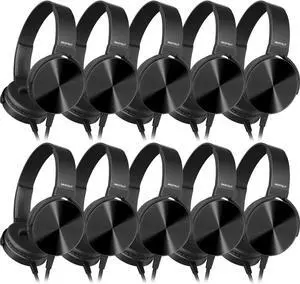 Bulk Kids Headphones for School Classroom Students,10 Pack Durable Wired School Earphones with HD Stereo Sound 3.5mm Jack for Library,Online Learning(HTC004 Black)