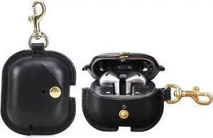 Leather Case Compatible with Samsung Galaxy Buds 3 Pro/Buds 3 with Keychain, Vintage Cowhide Leather Wireless Charging Protective Headphone Case Cover Shockproof for Samsung Galaxy Buds 3 Black