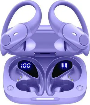GOLREX Active Noise Cancelling Ear Buds Bluetooth Headphones Wireless Earbuds with 80H Wireless Charging Case & LED Display, Over-Ear Hooks Earphones Bass Earbud for Sports Running Gym Workout Purple