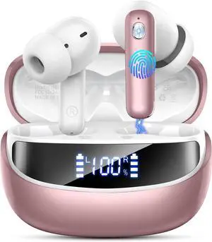 Wireless Earbuds, Bluetooth 5.4 Headphones with 4 ENC Noise Cancelling Mic, 45Hrs Playtime Bluetooth Earphones HiFi Stereo Deep Bass, in Ear Earbuds IP7 Waterproof, Wireless Headphones Rose Gold
