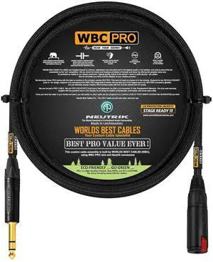 6 Foot - WBC-PRO-Quad Ultra-Silent, Ultra-Flexible, Balanced Star-Quad Headphone Extension Cable with ¼ (6.35mm) Neutrik Male TRS Plug to Locking Female TRS Jack & Black Tweed Jacket