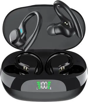 Bluetooth Headphones Wireless Earbuds 45hrs Playtime Wireless Charging Case Digital Display Sports Ear buds with Earhook Premium Deep Bass IPX5 Waterproof Over-Ear Earphones for TV Phone Laptop Black