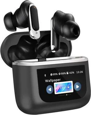 Wireless Earbuds with LCD Touch Screen, Bluetooth 5.3, Noise Cancelling, 1.47" Screen, 32H Playback, IP4 Waterproof, Lightweight, ANC & Transparency Mode, 450mAh Wireless Charging Case