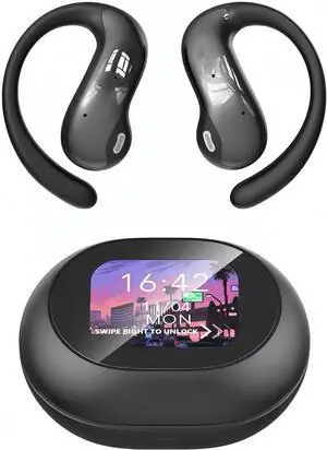 Open-Ear Earbuds Wireless with Color Touch Screen, AI Dialogue Mode, Clip On Headphones Bluetooth 5.4 with 54H Playtime, Noise Cancelling Wireless Headphones, Hi-Fi Sound (Matte Black)