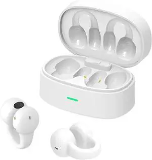 Open Ear Earbuds Wireless, Painless Bone Conduction Headphones Bluetooth 5.3, Ear Clip Earbuds Headphones, Waterproof Mini Sport Earrings Earbuds with HiFi Sound Quality and Long Battery Life (White)