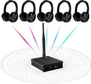 Professional Rechargeable 10 Hours RF Silent Disco Wireless Headphones for Parties Events Weddings Movies Clubbing 5 Headsets Bundel with 1 Transmitter 1600 Feet Distance