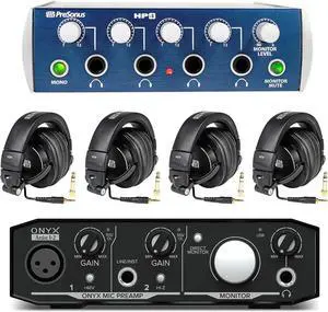 Audiosavings Bundle: HP4 Headphone Amplifier Bundle with (4) HD9 Studio Headphones and 2x2 USB Audio Recording Studio Interface (2 Items)