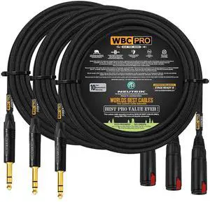 3 Units - 35 Foot - WBC-PRO-Quad Ultra-Silent, Ultra-Flexible, Balanced Star-Quad Headphone Extension Cable with ¼ (6.35mm) Neutrik Male TRS Plug to Locking Female TRS Jack & Black Tweed Jacket