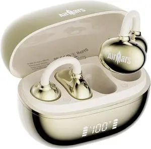 AIRMARS ABO16 Clip On Earbuds, Lightweight Open Ear Clip Wireless Earbuds, Bluetooth 5.4, Hi-Fi Stereo, 28-Hour Battery, LED Display, for Running, Workouts (Gold)